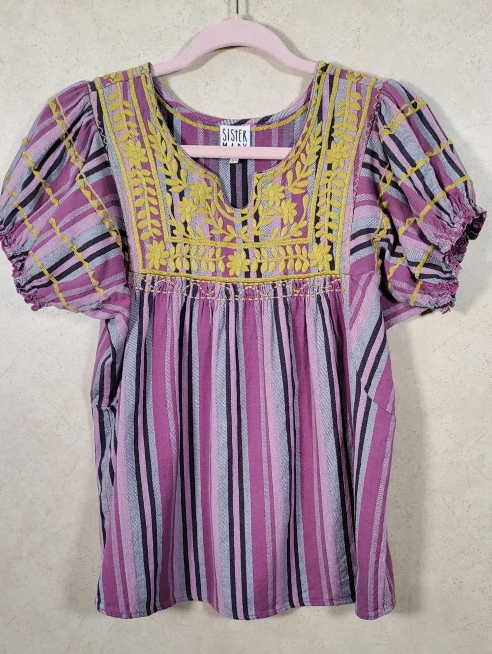 I131 Sister Mary Purple Striped Embroidered Puff-Sleeve Blouse XS